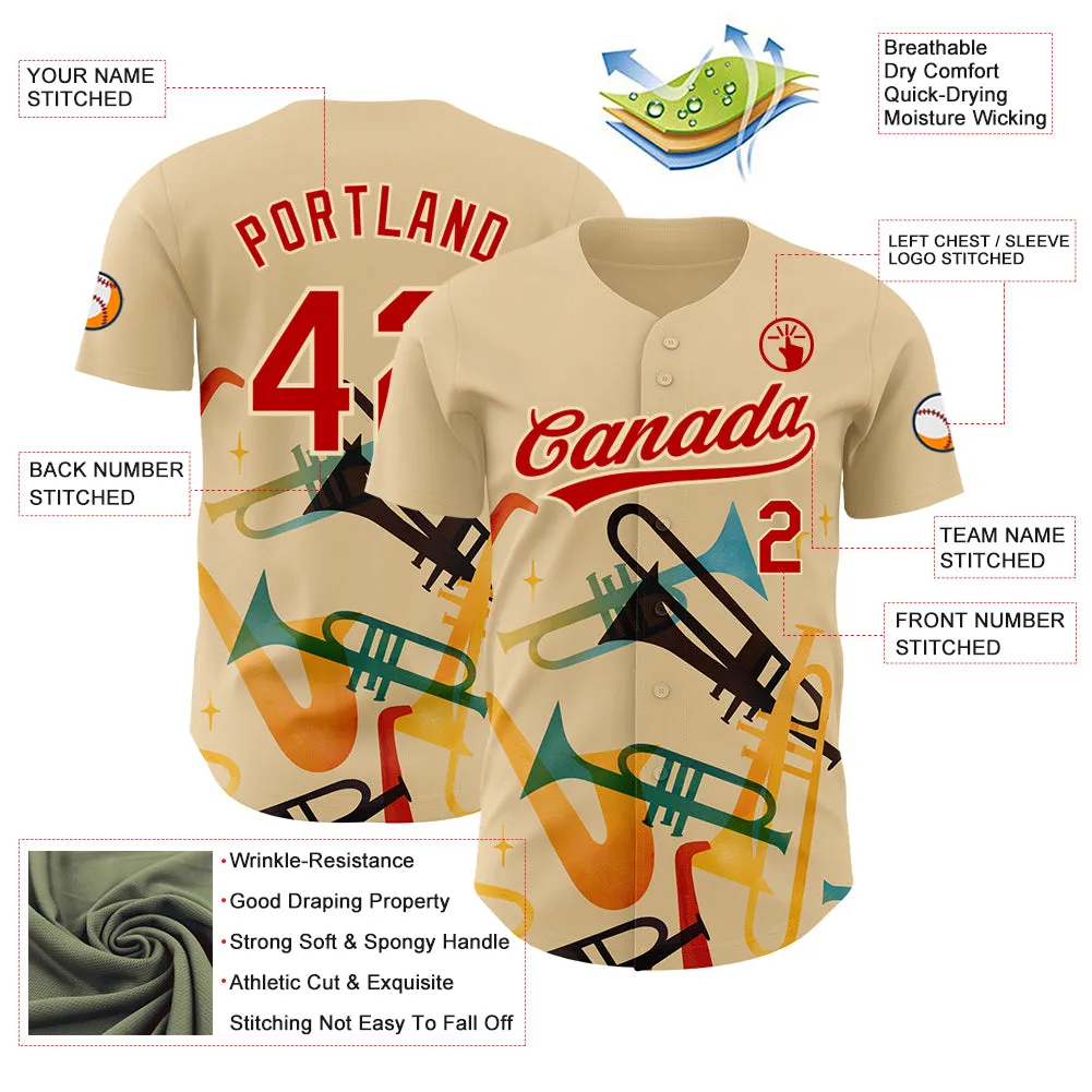 Custom Cream Red 3D Pattern Design International Jazz Day Authentic Baseball Jersey