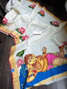 Hand Painted Tussar Silk - Cream White Ganesha