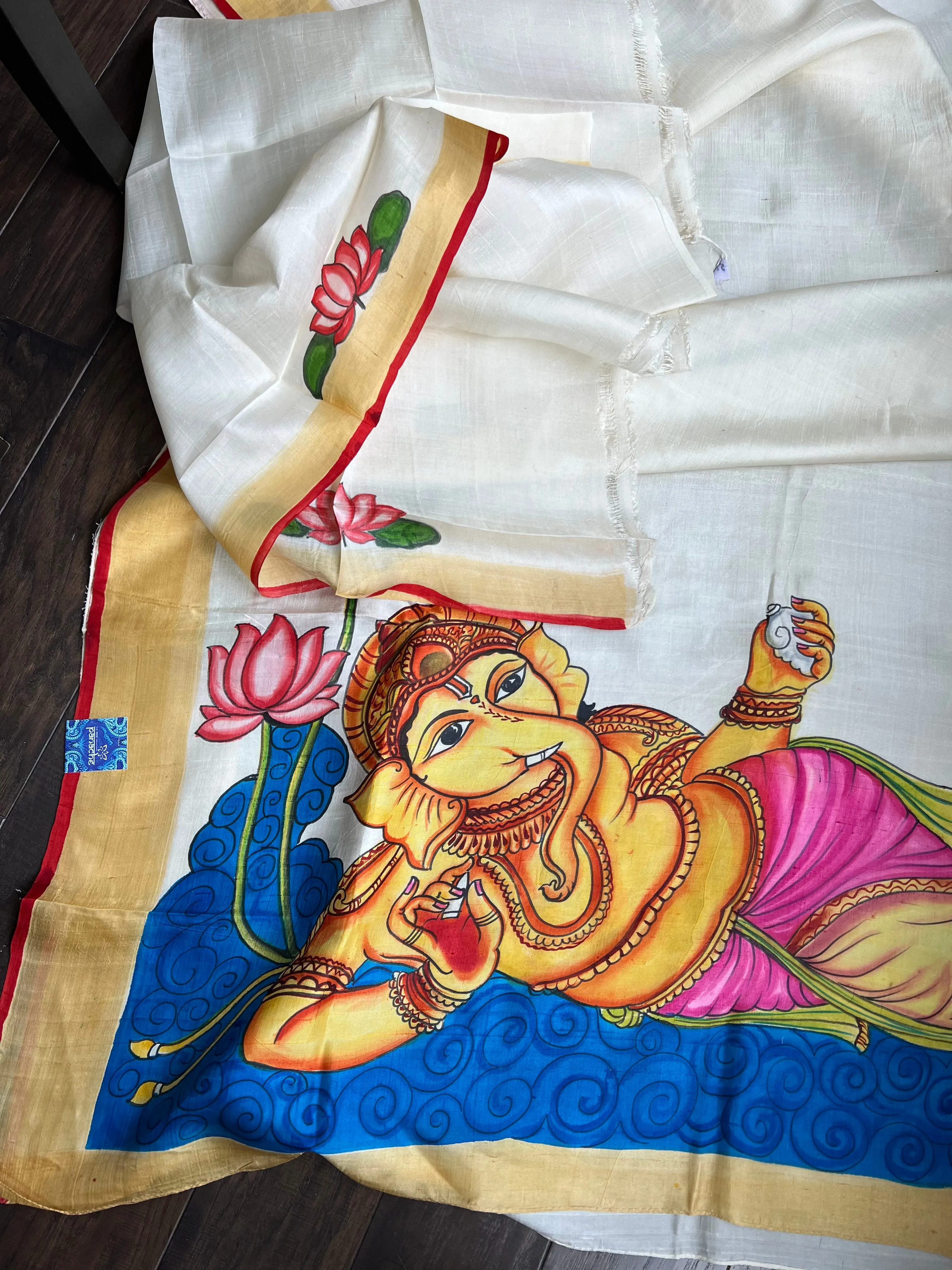 Hand Painted Tussar Silk - Cream White Ganesha