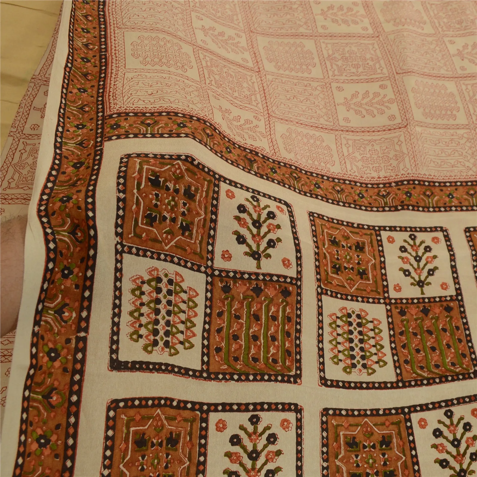 Sanskriti Vintage Sarees Cream Hand Block Printed Pure Silk Sari Craft Fabric