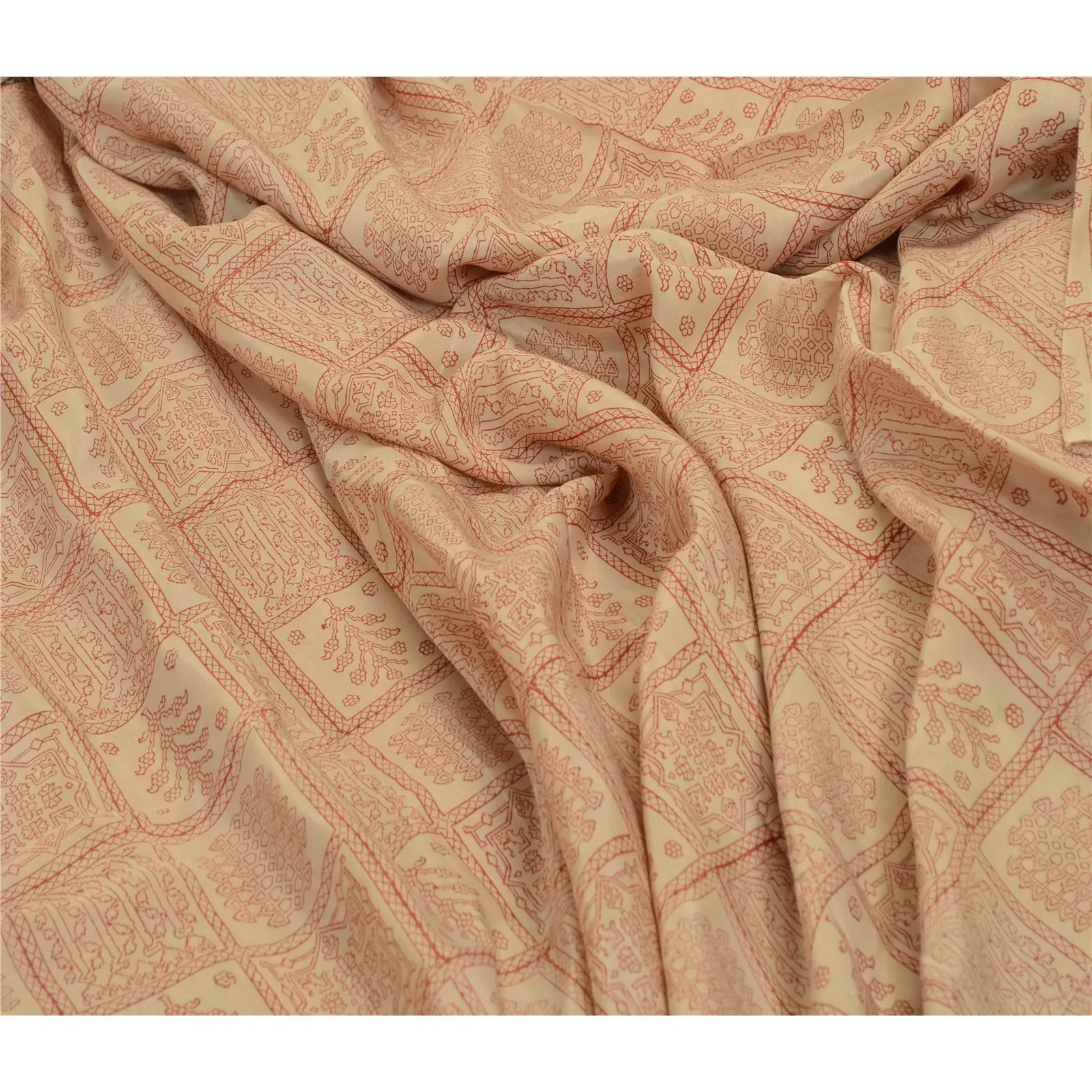 Sanskriti Vintage Sarees Cream Hand Block Printed Pure Silk Sari Craft Fabric