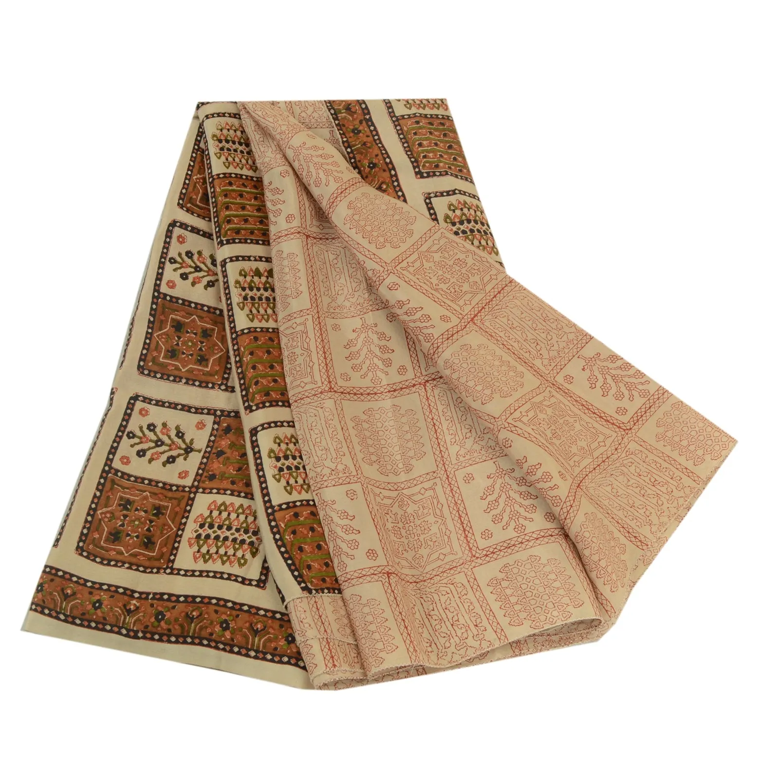 Sanskriti Vintage Sarees Cream Hand Block Printed Pure Silk Sari Craft Fabric