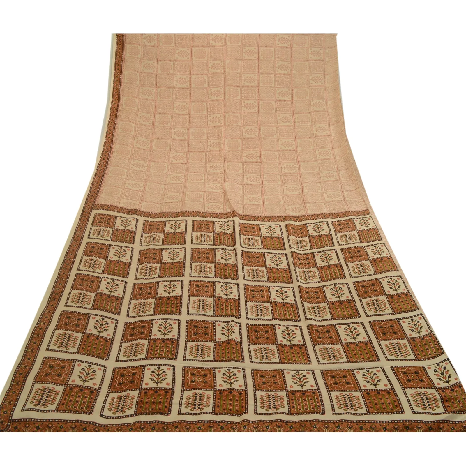 Sanskriti Vintage Sarees Cream Hand Block Printed Pure Silk Sari Craft Fabric