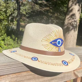 Sombrero Cream & Blue/ Gold Evil Eye