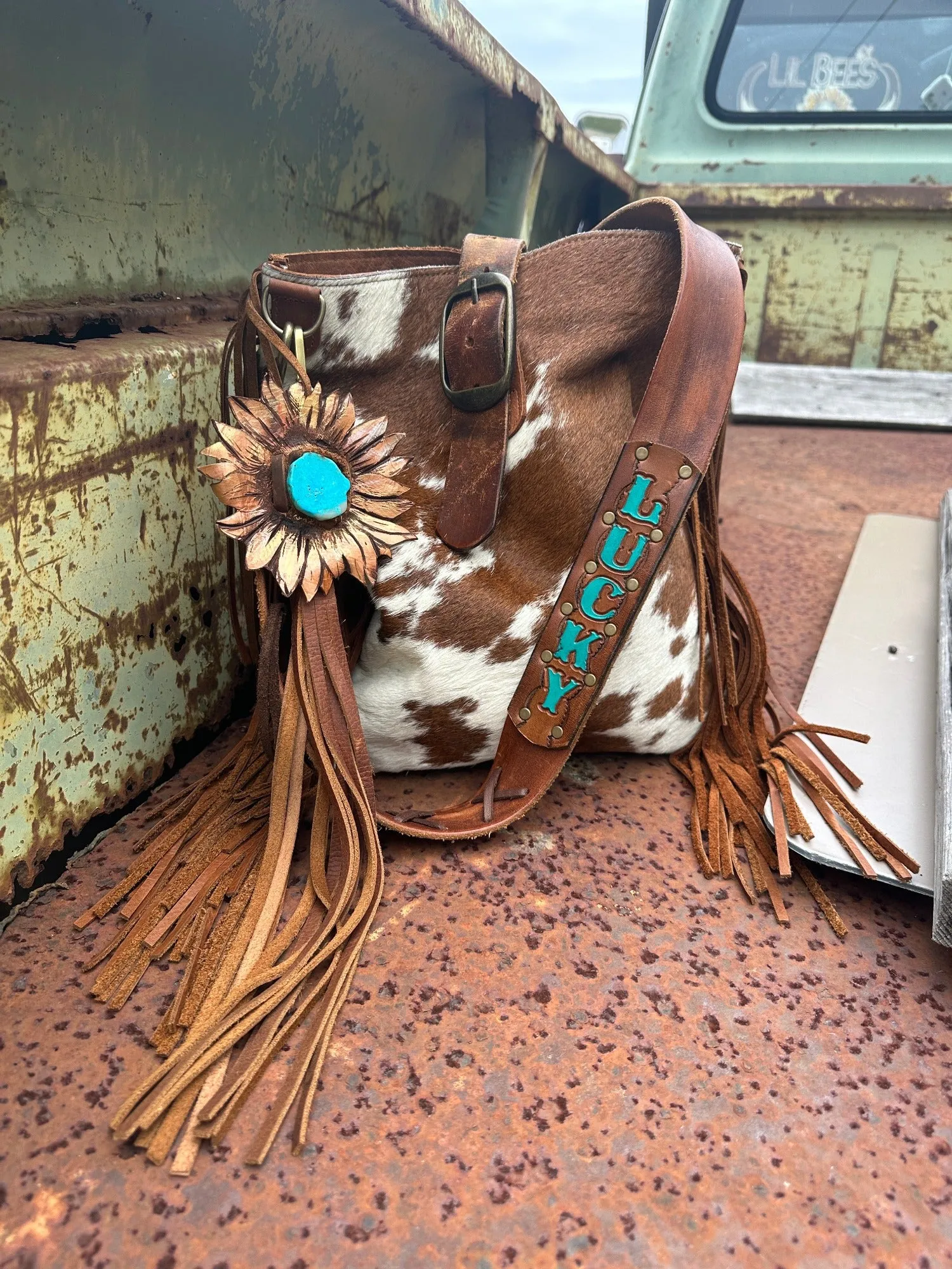 Two Bar West & Casey Curtis Designs Brown & Cream Cowhide Cross Body Fringe Purse ~ Queen Bee's Closet Tab