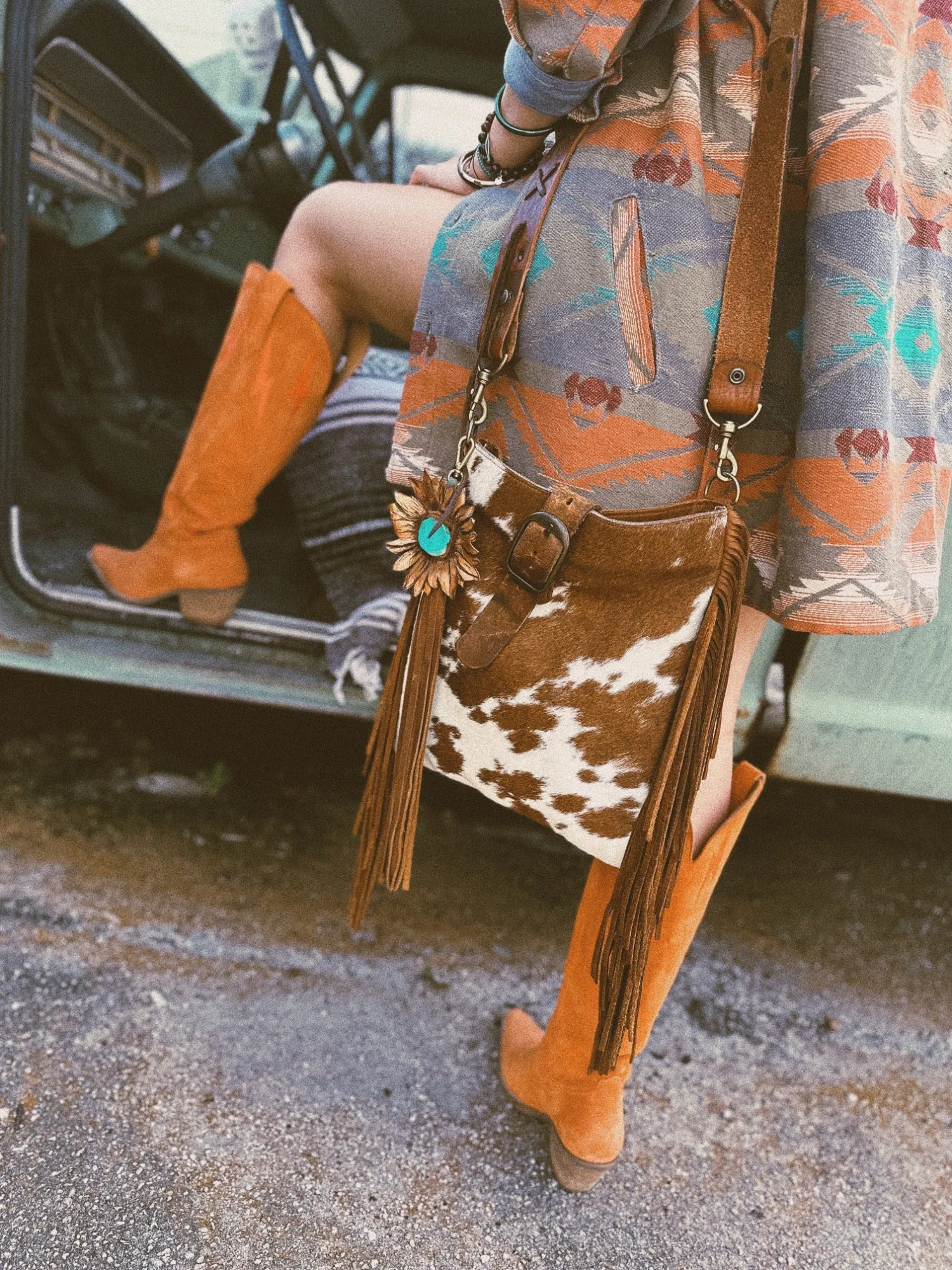 Two Bar West & Casey Curtis Designs Brown & Cream Cowhide Cross Body Fringe Purse ~ Queen Bee's Closet Tab