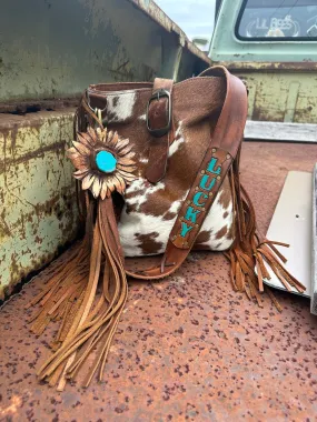 Two Bar West & Casey Curtis Designs Brown & Cream Cowhide Cross Body Fringe Purse ~ Queen Bee's Closet Tab