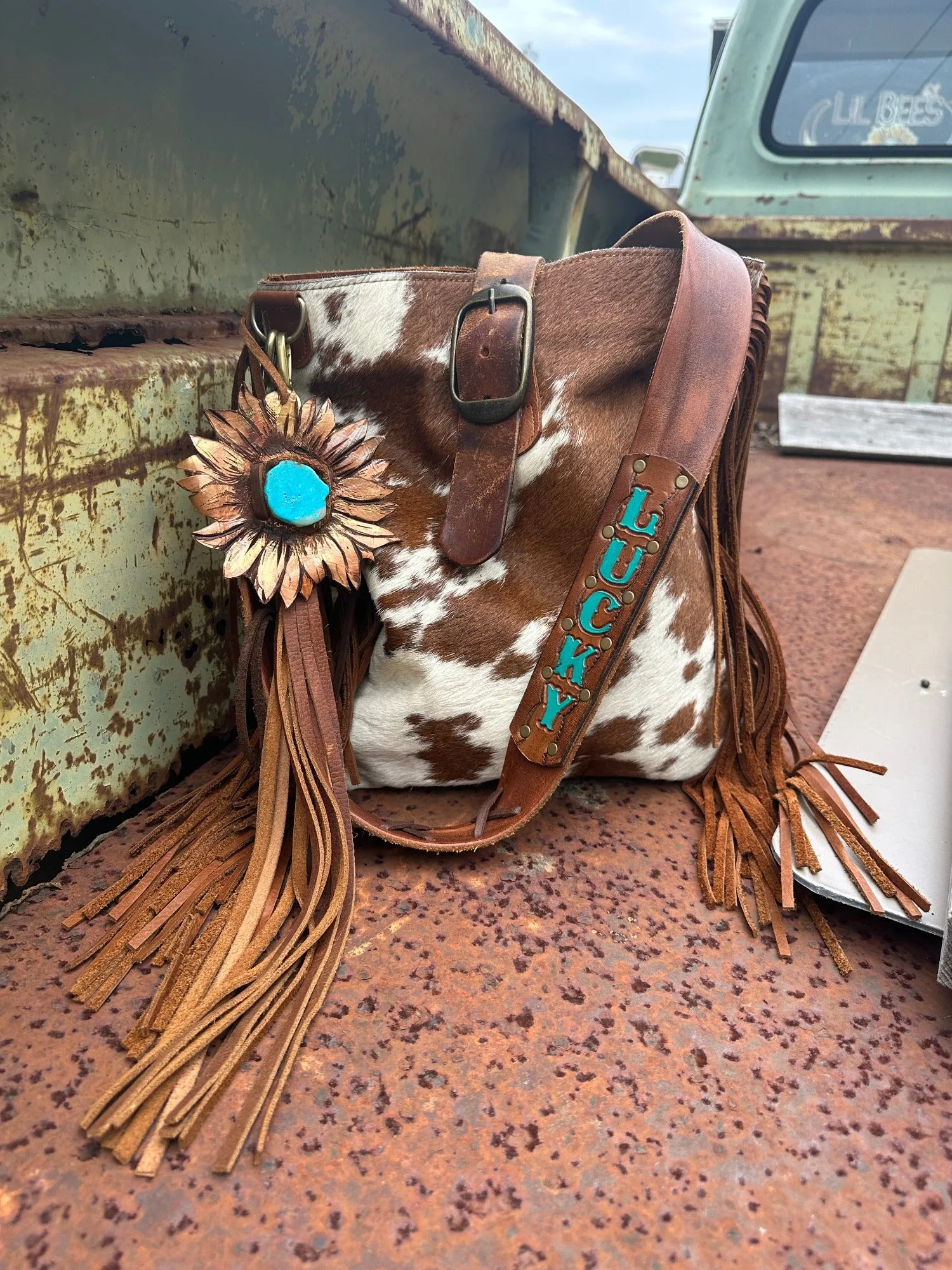 Two Bar West & Casey Curtis Designs Brown & Cream Cowhide Cross Body Fringe Purse ~ Queen Bee's Closet Tab