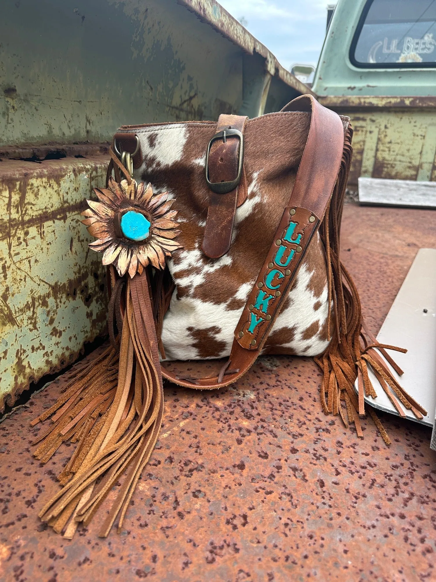 Two Bar West & Casey Curtis Designs Brown & Cream Cowhide Cross Body Fringe Purse ~ Queen Bee's Closet Tab